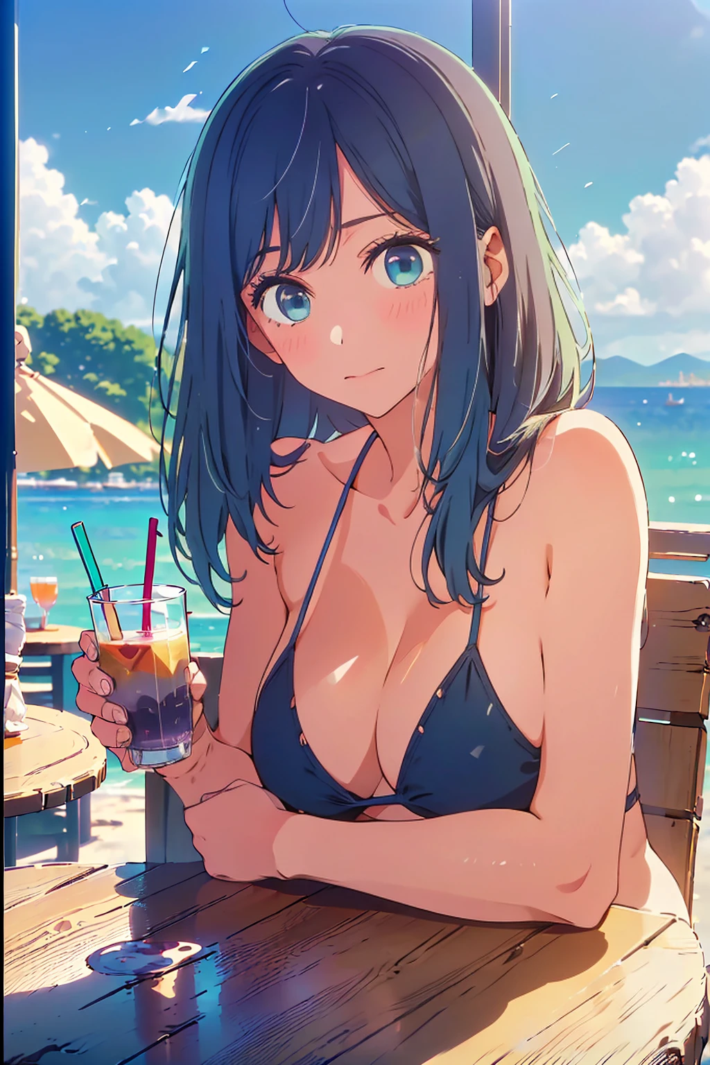 (Highest quality:1.4、masterpiece:1.4、Super detailed:1.4、8K:1.4)、F cup bust、Big Breasts、Slim body、((((1 person、Surprised expression、sit、Chair、In the background are the urban buildings of Tokyo、looking at the camera、Outdoor café terrace、coastal、Navy hair color、juice、Shooting up close、table、Very cute face))))、(Pose of putting hair behind ears with hands:1.4、Cheek resting on hand:1.4)、((nude、Areola、bikini size too small))、Seamless see-through top、Very blue sky、A completely cloudless sky、Big eyes、(((Shallow depth of field)))