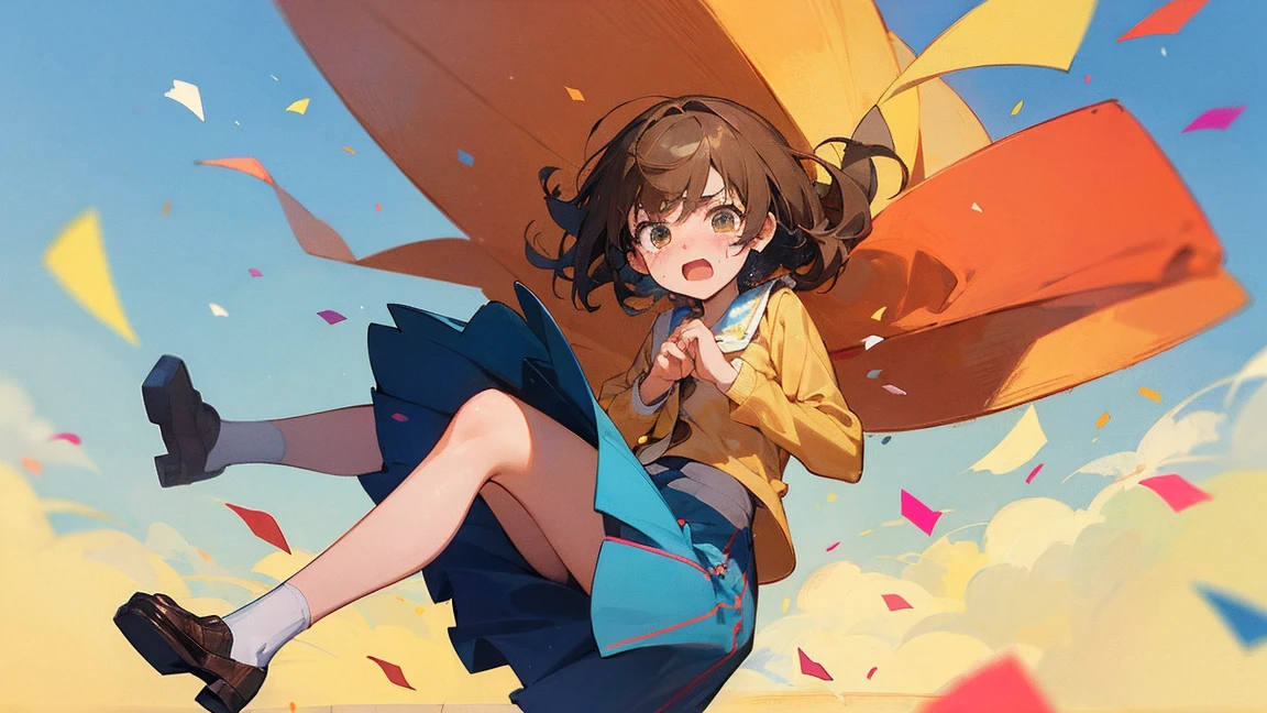 ((Highest quality)), ((masterpiece)), ((Very detailed)),Floatingする女の子,Angry expression,floating,Floating,Confetti,Brown Hair,tears,Levitating,Blue sky background,Feet in the air,tears,gravity,Long skirt,loafers,Raise both hands