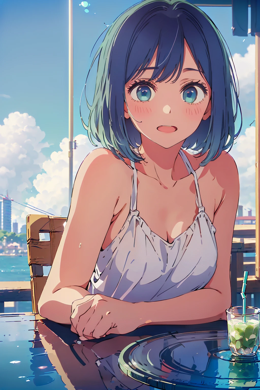 (Highest quality:1.4、masterpiece:1.4、Super detailed:1.4、Ultra-high resolution:1.4、8K:1.4)、F cup bust、Big Breasts、Slim body、((((1 person、Surprised expression、sit、Chair、In the background are the urban buildings of Tokyo、looking at the camera、Outdoor café terrace、coastal、juice、Shooting up close、table、Very cute face))))、(Pose with hands tucked behind ears:1.4、Cheek resting on hand:1.4）、((nude、very beautiful areola、camisole、Seamless outerwear))、Very blue sky、A completely cloudless sky、Big eyes、(((Shallow depth of field)))