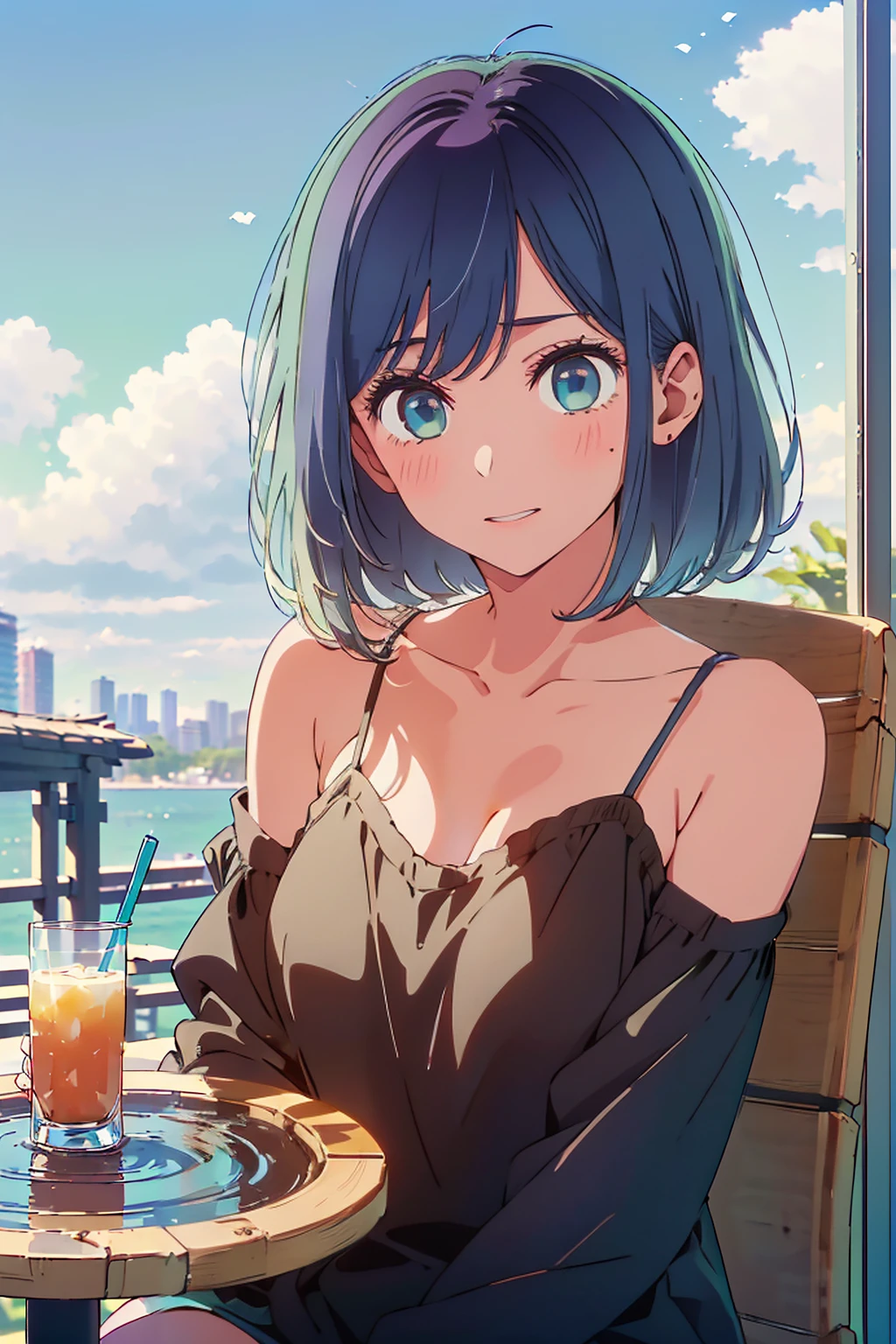 (Highest quality:1.4、masterpiece:1.4、Super detailed:1.4、Ultra-high resolution:1.4、8K:1.4)、F cup bust、Big Breasts、Slim body、((((1 person、Surprised expression、sit、Chair、In the background are the urban buildings of Tokyo、looking at the camera、Outdoor café terrace、coastal、juice、Shooting up close、table、Very cute face))))、(Pose with hands tucked behind ears:1.4、Cheek resting on hand:1.4）、((nude、very beautiful areola、camisole、Seamless outerwear))、Very blue sky、A completely cloudless sky、Big eyes、(((Shallow depth of field)))