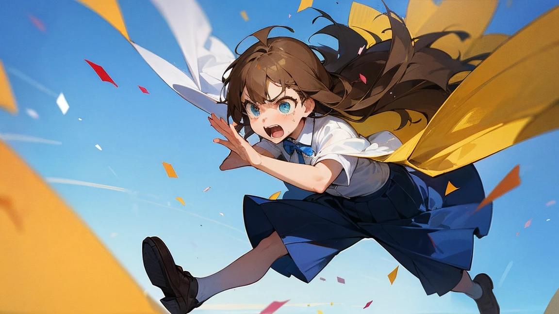 ((Highest quality)), ((masterpiece)), ((Very detailed)),Floatingする女の子,Angry expression,floating,Floating,Confetti,Brown Hair,tears,Levitating,Blue sky background,Feet in the air,tears,gravity,Long skirt,loafers,Raise both hands