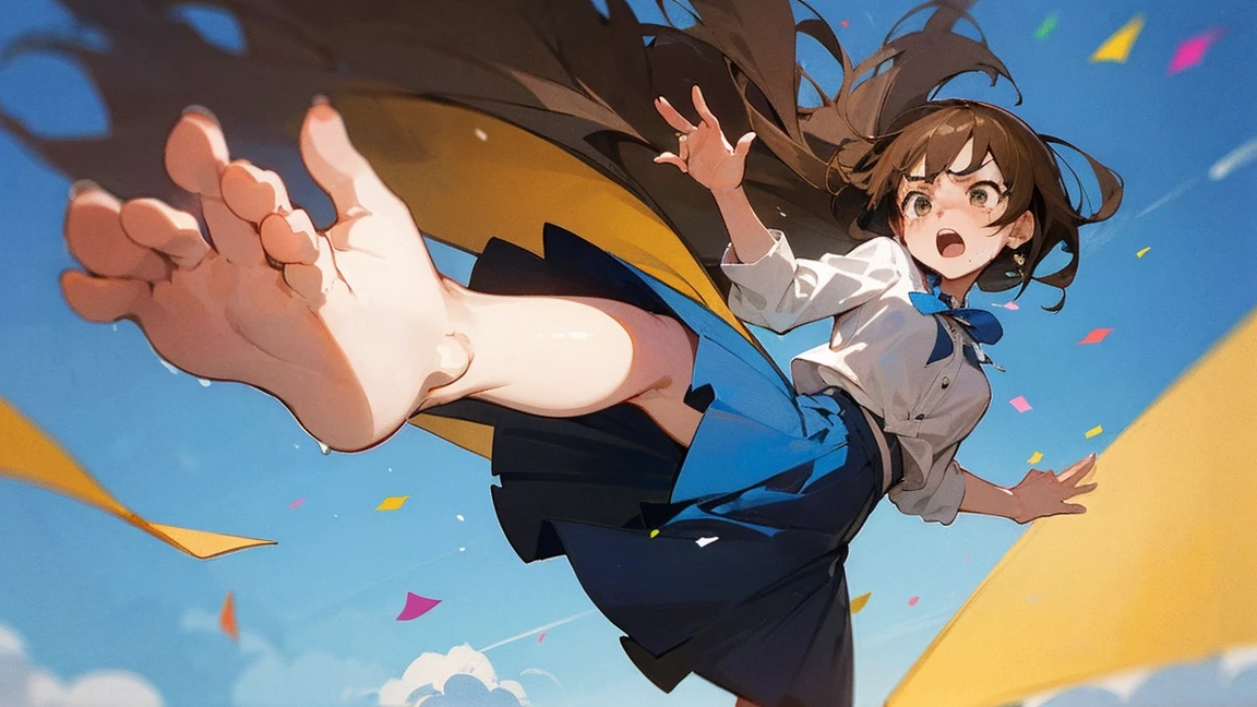 ((Highest quality)), ((masterpiece)), ((Very detailed)),Floatingする女の子,Angry expression，floating，Floating，Confetti，Brown Hair,tears,Levitating,Blue sky background,Feet in the air,tears,gravity,Long skirt,loafers,Raise both hands