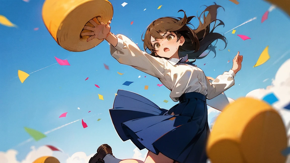 ((Highest quality)), ((masterpiece)), ((Very detailed)),Floatingする女の子,Angry expression,floating,Floating,Confetti,Brown Hair,tears,Levitating,Blue sky background,Feet in the air,tears,gravity,Long skirt,loafers,Raise both hands