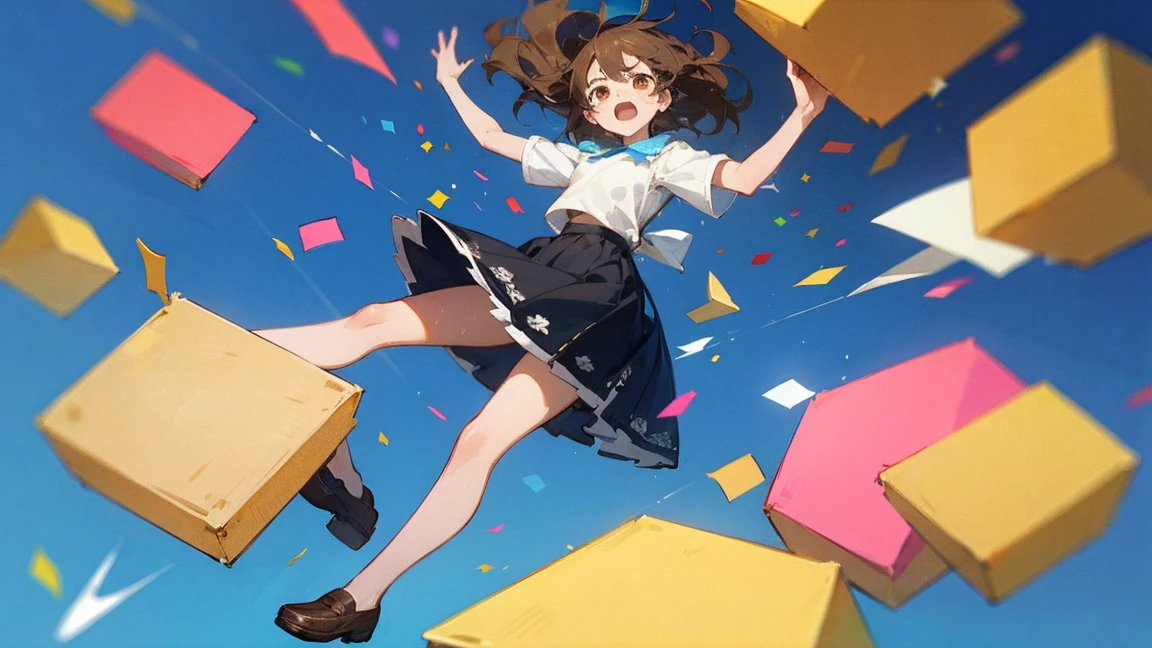 ((Highest quality)), ((masterpiece)), ((Very detailed)),Floatingする女の子,Angry expression,floating,Floating,Confetti,Brown Hair,tears,Levitating,Blue sky background,Feet in the air,tears,gravity,Long skirt,loafers,Raise both hands