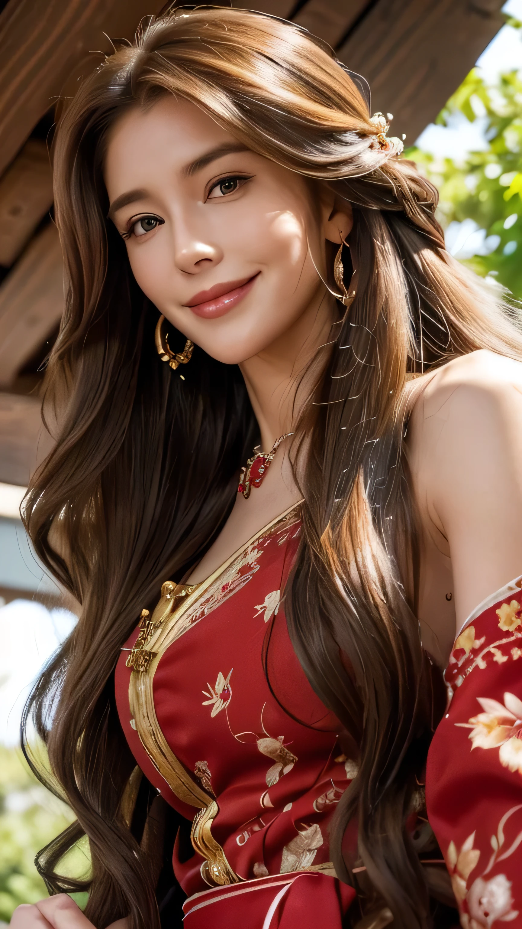 Blonde long-haired woman, Iris, Red Jewelry, Red earrings, moon, Noble, Lady, high quality, Very detailed, Detailed face, masterpiece, city, garden, Flowers, Light,(((Upper body portrait))),Super long brown hair,Hair with loose waves inside,Long hair_Hair reaching down to the waist、gold necklace_Large earrings、((A shy smile:1.3)),wearing Floral blouse with ribbon tie_long see-through sleeves、standing gracefully、full figure supermodel standing, entire body in frame、((Place your left hand gently on your chin:1.3))((look down at the viewer,from below:1.5)),high heels
