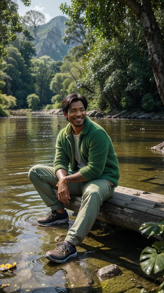 On the edge of a clear, calm river surrounded by beautiful, charming flowers and large trees with intricate roots, there was a handsome 40 year old man, clean oval Indonesian face, cheerful smile, dressed in a green furry jacket, pants, mountain shoes, sitting while playing guitar accompanied by wolves and macaws, there is a green jeep behind him, all angles of the photo, clear and crisp, real Full HD 164k.