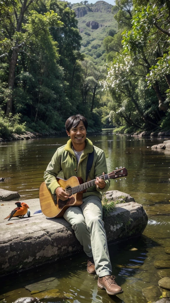 On the edge of a clear, calm river surrounded by beautiful, charming flowers and large trees with intricate roots, there was a handsome 40 year old man, clean oval Indonesian face, cheerful smile, dressed in a green furry jacket, pants, mountain shoes, sitting while playing guitar accompanied by wolves and macaws, there is a green jeep behind him, all angles of the photo, clear and crisp, real Full HD 164k.