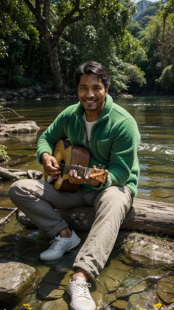 On the edge of a clear, calm river surrounded by beautiful, charming flowers and large trees with intricate roots, there was a handsome 40 year old man, clean oval Indonesian face, cheerful smile, dressed in a green furry jacket, pants, mountain shoes, sitting while playing guitar accompanied by wolves and macaws, there is a green jeep behind him, all angles of the photo, clear and crisp, real Full HD 164k.