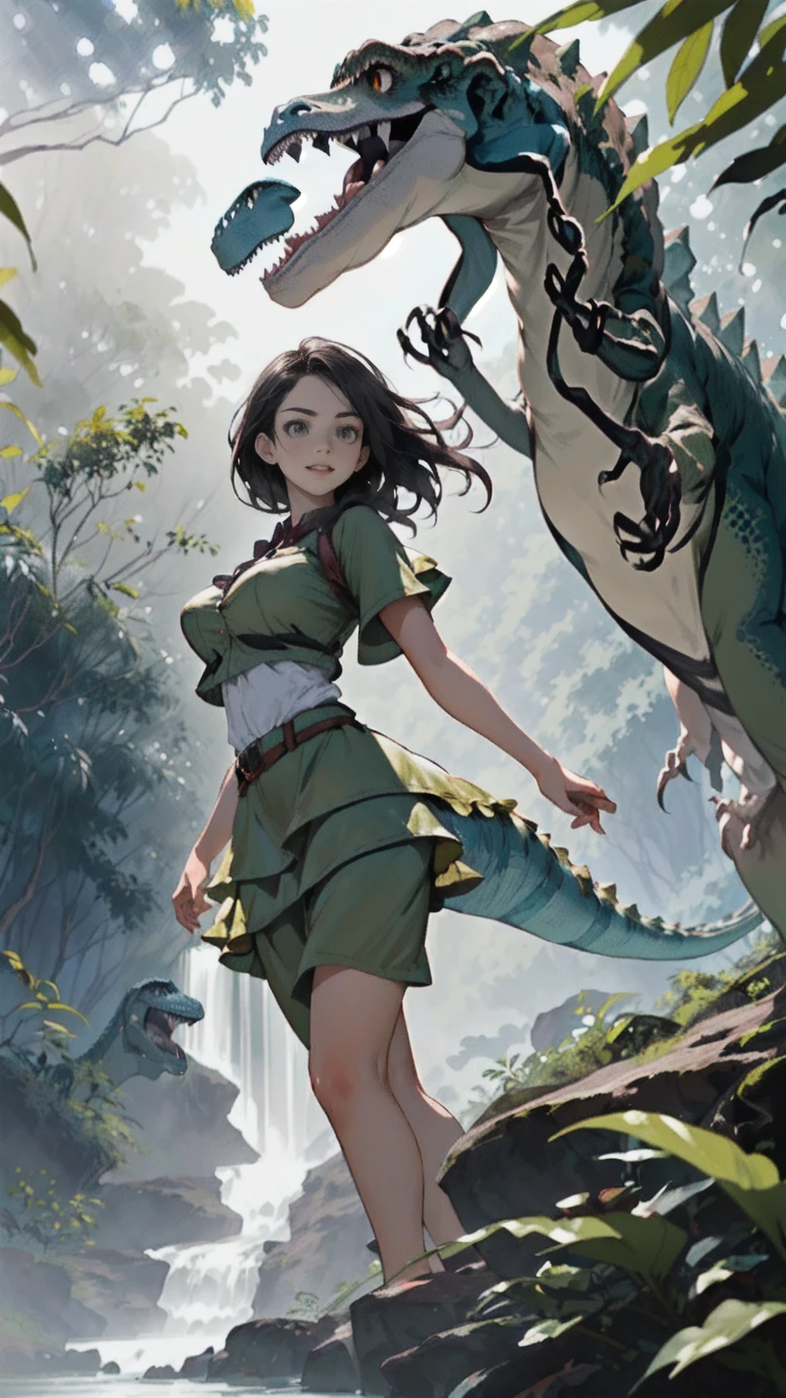 (layered depth, parallax effect, Soft focus foreground:1.3) (1 girl, Perfect young temptress enjoying an adventure at Dinosaur Safari:1.3), Exciting safari through a lush, Prehistoric jungle, observing majestic dinosaurs in their natural habitat, with imposing and ancient waterfalls, Towering trees.