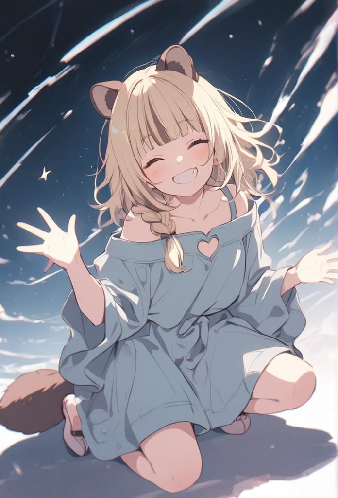 anime,(pale colors:1.8),long shot, 1girl, solo, (on right:1.3), full body, solo, grin, smile, closed eyes, dynamic angle, squating, waving hands, fang, light yellow hair, racoon ears, racoon tail, (brown streaked hair:1.3), side braid, (blunt bangs), wavy hair,thick eyebrows, off shoulder clothes, cutout, (star background),
