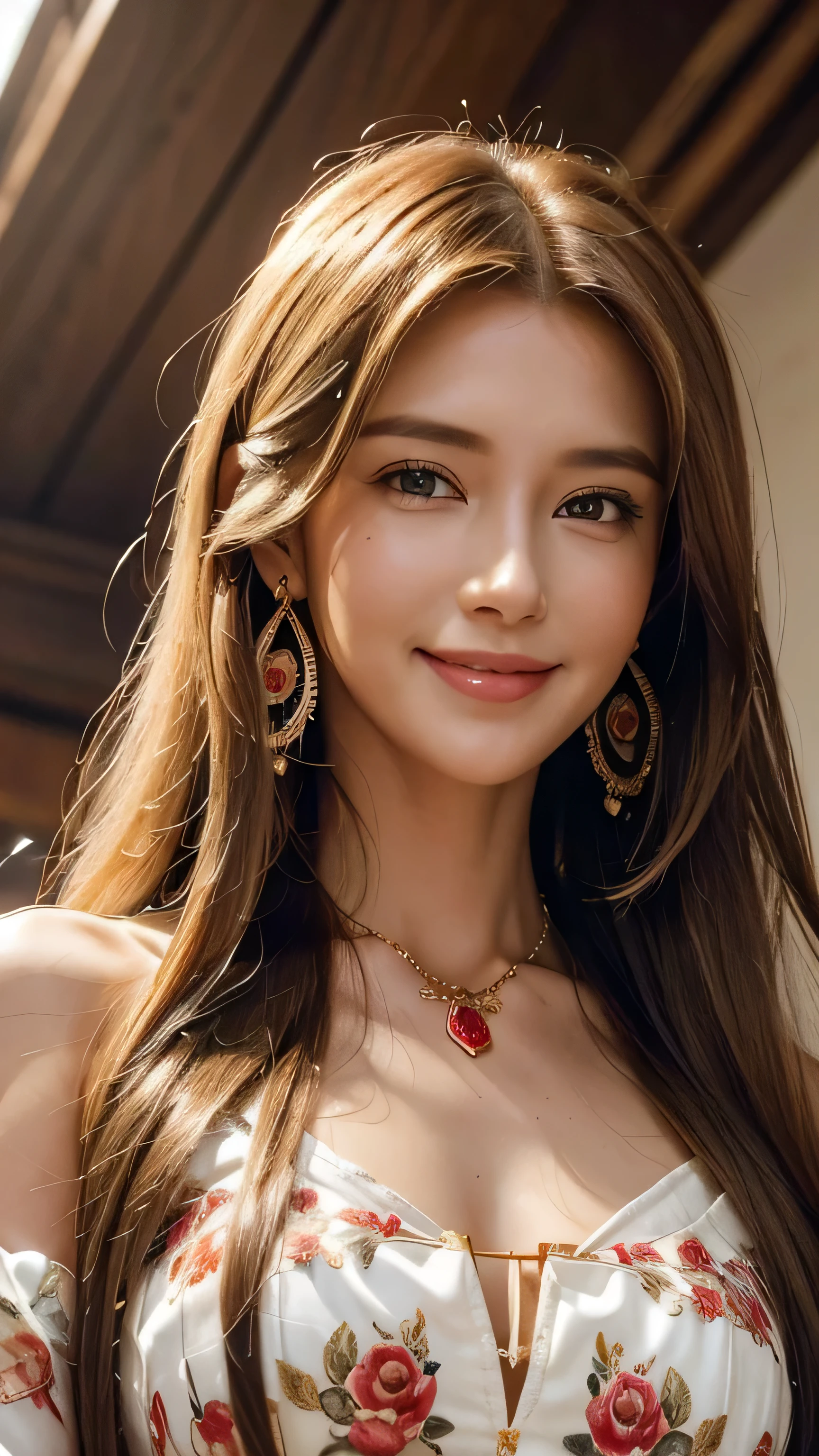 Blonde long-haired woman, Iris, Red Jewelry, Red earrings, moon, Noble, Lady, high quality, Very detailed, Detailed face, masterpiece, city, garden, Flowers, Light,(((Upper body portrait))),Super long brown hair,Hair with loose waves inside,Long hair_Hair reaching down to the waist、gold necklace_Large earrings、((A shy smile:1.3)),wearing Floral blouse with ribbon tie_long see-through sleeves、standing gracefully、full figure supermodel standing, entire body in frame、((Place your left hand gently on your chin:1.3))((look down at the viewer,from below:1.5)),high heels