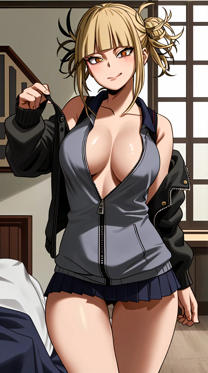 Masterpiece, highres, high Quality, detailed face, detailed body render, 1girl, solo, Himiko Toga , sexy student shirt, Thong underwear, large breasts, big breast, sleeveless shirt, fishnet top, dark lips, unzipped jacket, no bra, breasts out, nipple, standing, blushes, (on bedroom), erotic emotion