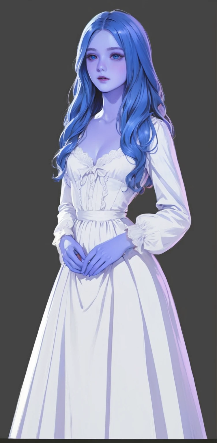 beautiful illustration, ultra-detailed, masterpiece, victorian white dress, blue skin, girl, long blue hair, wavy hair