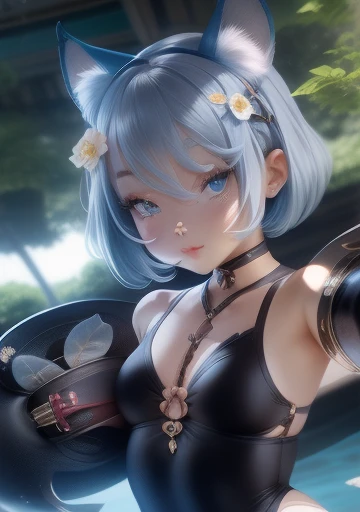 girl、、Bink、leotard、whole body。blue eyes、Gray Hair、functional、Seductive pose、front、noon、Outdoor、garden、Beach、No cat ears。