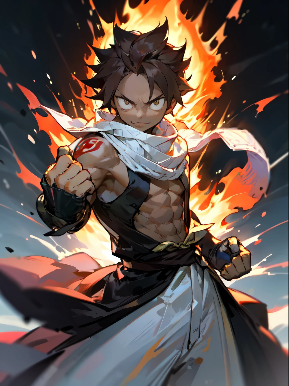 masterpiece, High resolution, high quality, Dark Skinned , male, A little buff, Medium dark brown hair, Big Innocent Eyes, naked、White long torn scarf, White hooded cloak, Big black gauntlets, Dramatic show, Intensive, nice, Amazing guy, Boy of Fire、Punching pose
