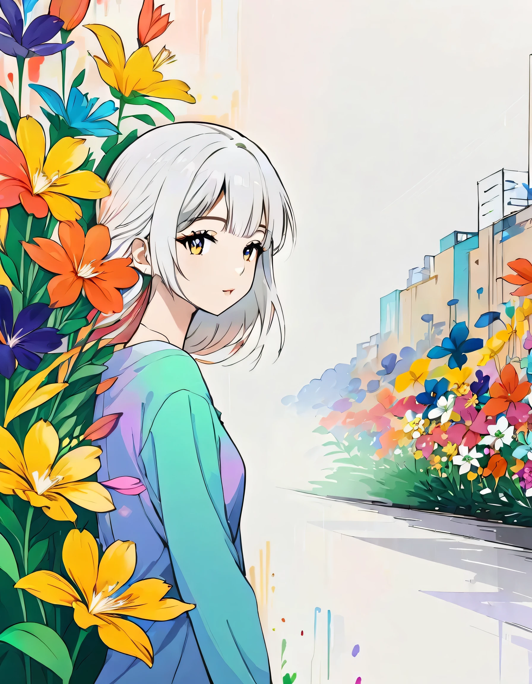 Momoko style, Simple Line Initialism，Abstract art，Urban Background, colorful flowers ,(((The most beautiful girl of all time))),