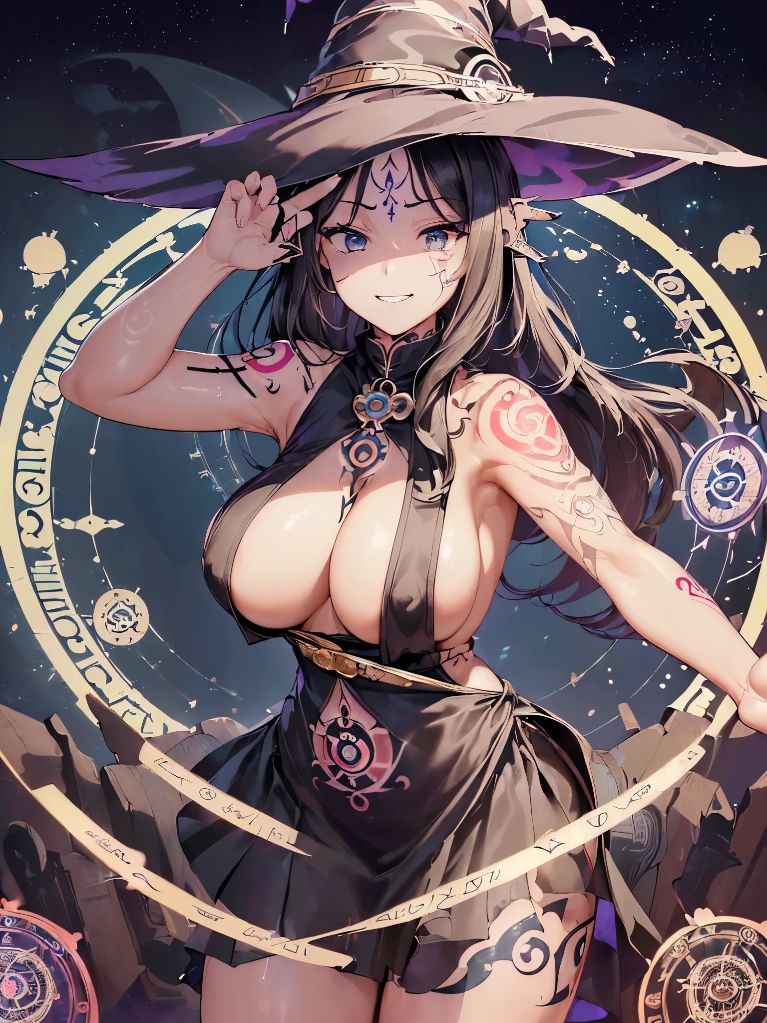 ((Highest quality)),(Ultra-high resolution),(Ultra-detailed new),(Detailed Description),((The best CG)),(masterpiece),Highly detailed art,A wonderful new art form,(Art with precise details:1.5), (witch:1.8),(緻密で詳細に描写されたハイレグwitch服:1.7),(Beautiful and well-proportioned face:1.6),(smile:1.4),(Side boob:1.9),(Tattoo:1.9),(Dynamic Pose:1.5), (The destroyed magic circle:1.7), (Overwhelming destructive power:1.5),(The power that is released:1.6), Fantasy:1.6,