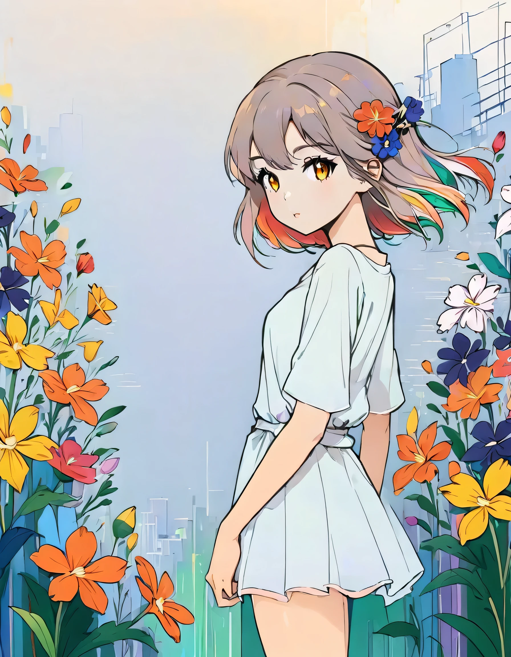 Momoko style, Simple Line Initialism,Abstract art,Urban Background, colorful flowers ,(((The most beautiful girl of all time))),
