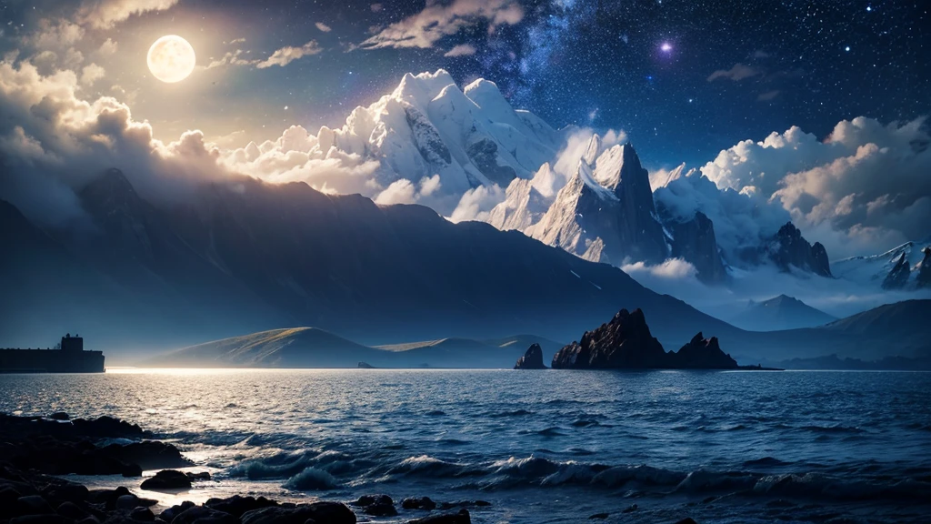 (16K, Ultra high quality), moon, clouds, mountain, moonlight, the sea, beautiful scene, star, galaxy, night scene