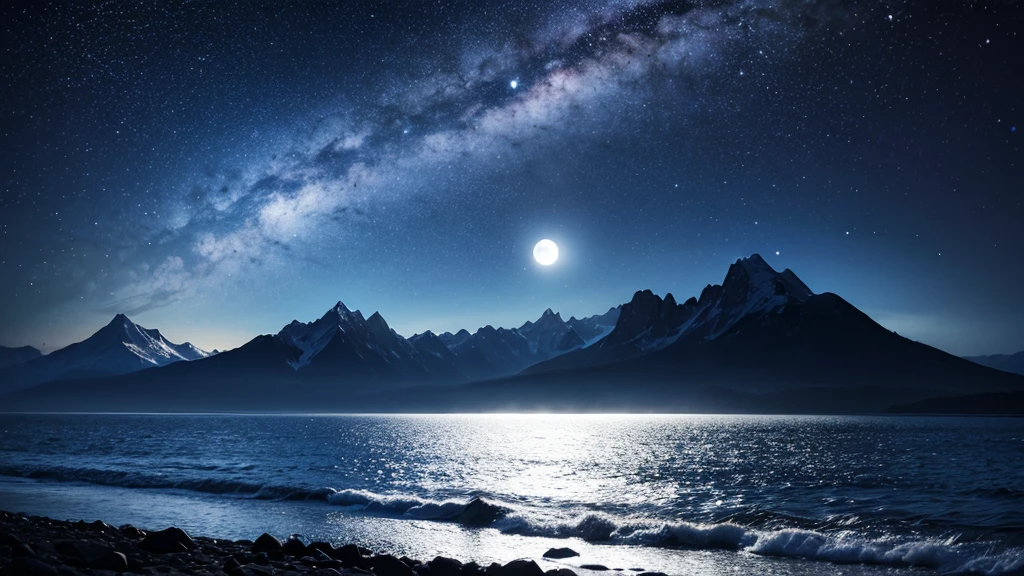 (16K, Ultra high quality), moon, clouds, mountain, moonlight, the sea, beautiful scene, star, galaxy, night scene