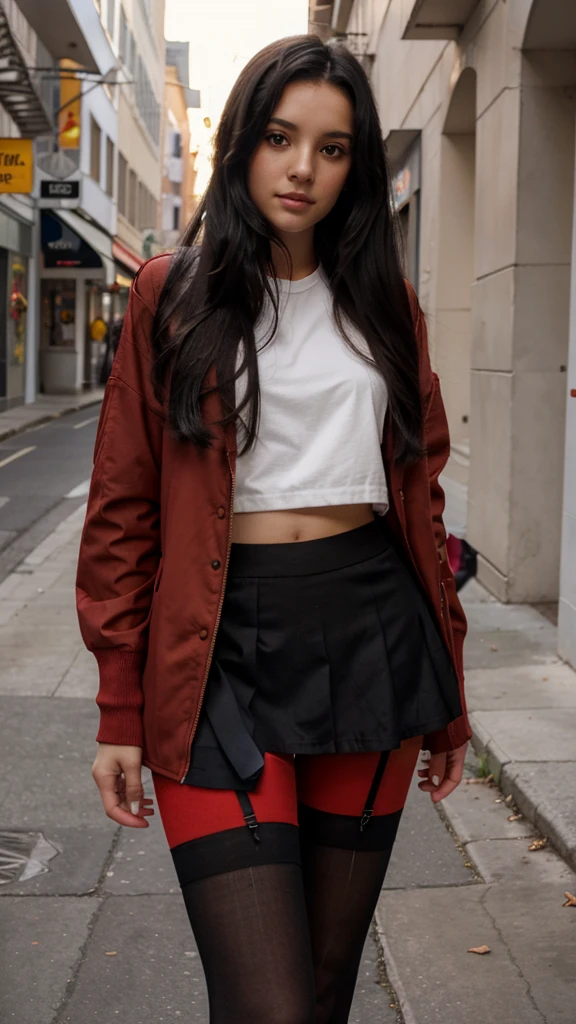 19 year old girl medium long black hair with mini skirt pantyhose, short stockings and red jacket