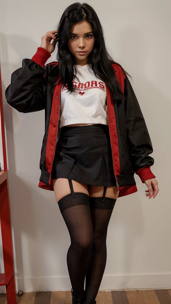 19 year old girl medium long black hair with mini skirt pantyhose, short stockings and red jacket