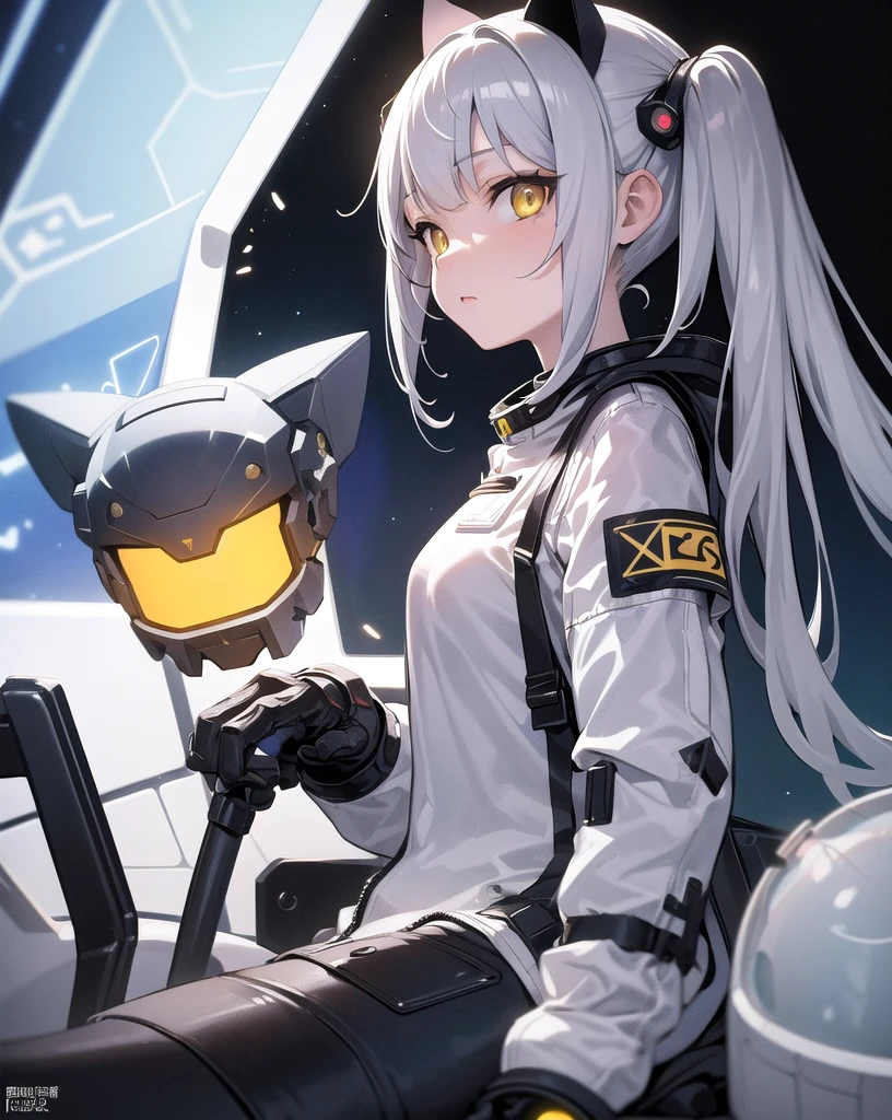 masterpiece, best quality, 1girl, spacecraft interior, spacesuit, upper body, from side, science fiction, yellow eyes, twintails, silver hair, cat ears, looking at viewer,