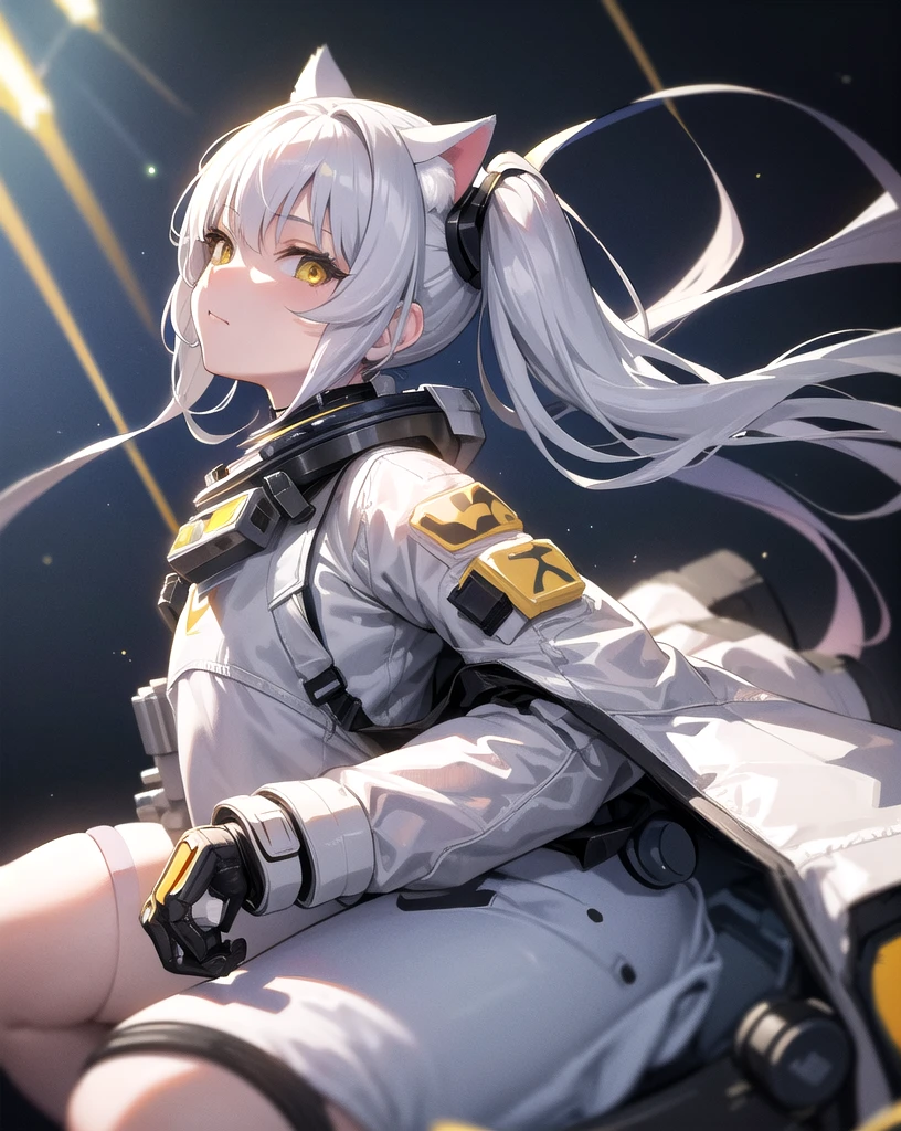 masterpiece, best quality, 1girl, spacecraft interior, spacesuit, upper body, from side, science fiction, yellow eyes, twintails, silver hair, cat ears, looking at viewer,