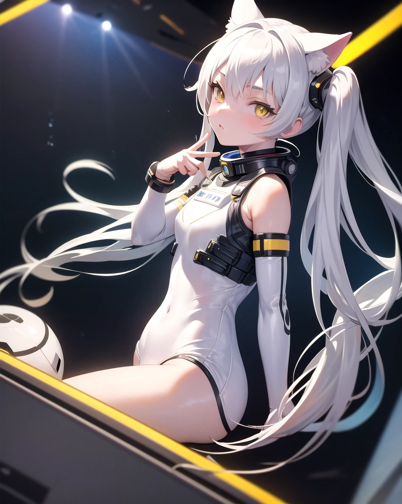 masterpiece, best quality, 1girl, spacecraft interior, spacesuit, upper body, from side, science fiction, yellow eyes, twintails, silver hair, cat ears, looking at viewer,
