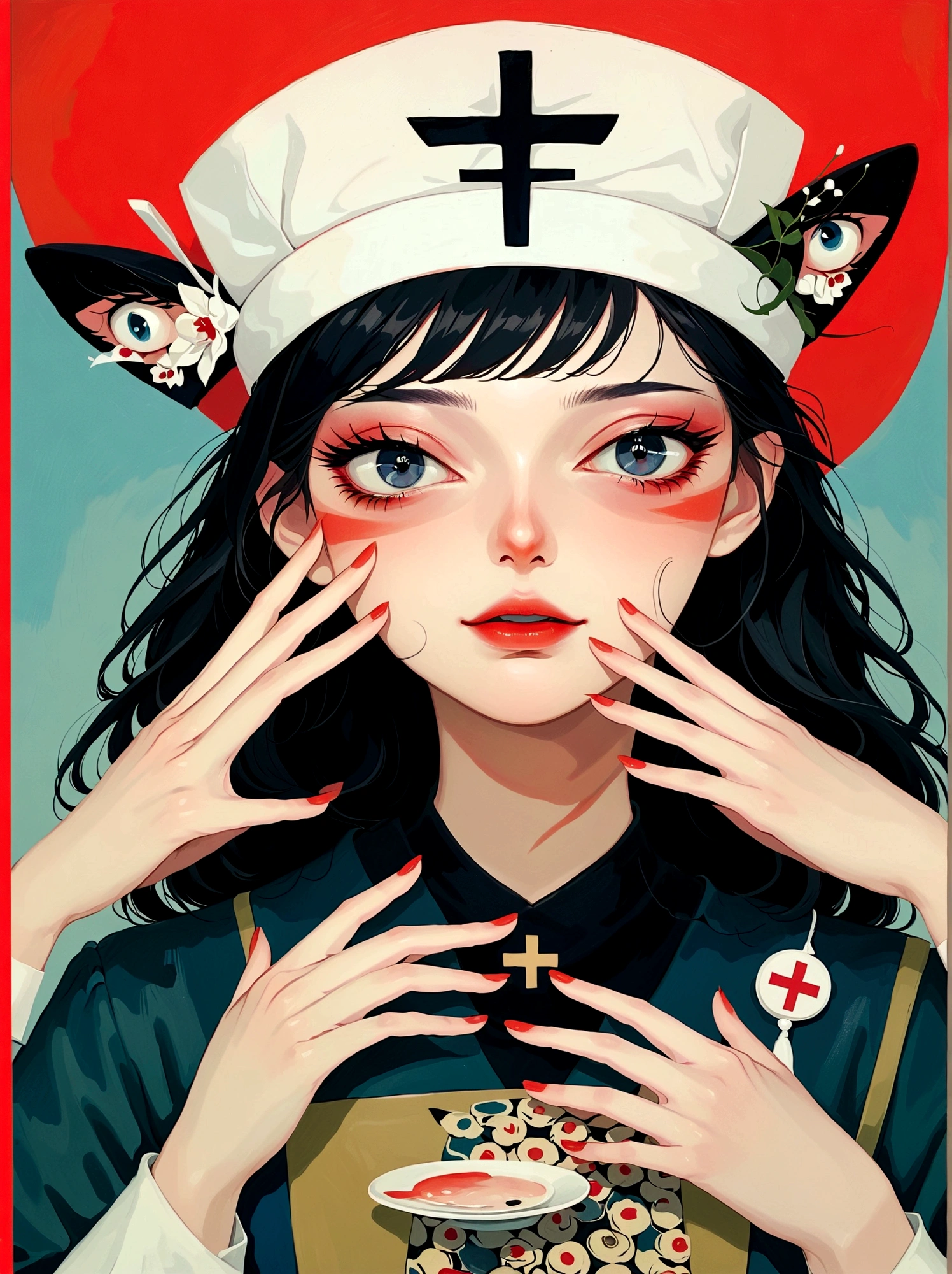 girl,Nurse hat,Eyes painted on hands,Japanese horror style Japanese pop surrealism, author:Yukika Kosaka, Nguyen Gia and Joao Nguyen,