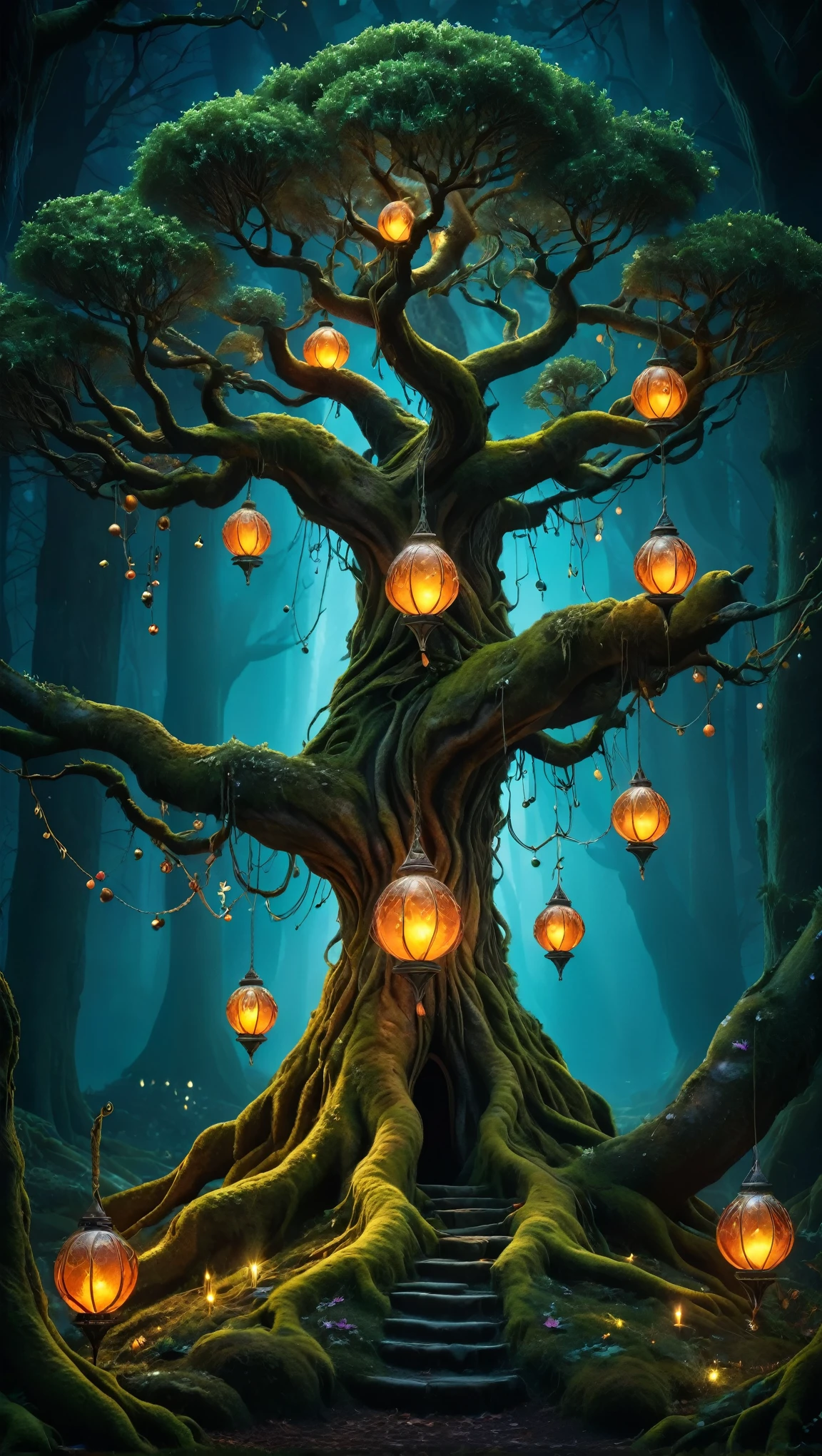 (beautiful elf:1.5), Award-winning photography by yggdrasil, beautiful, In a magical forest, (Night in the dark:1.2), Moss at the roots, (Colorful glowing balls hanging on the tree: 1.3), Intricate details, realism, Extremely sharp, 超realism, On every branch hangs a large glowing lantern