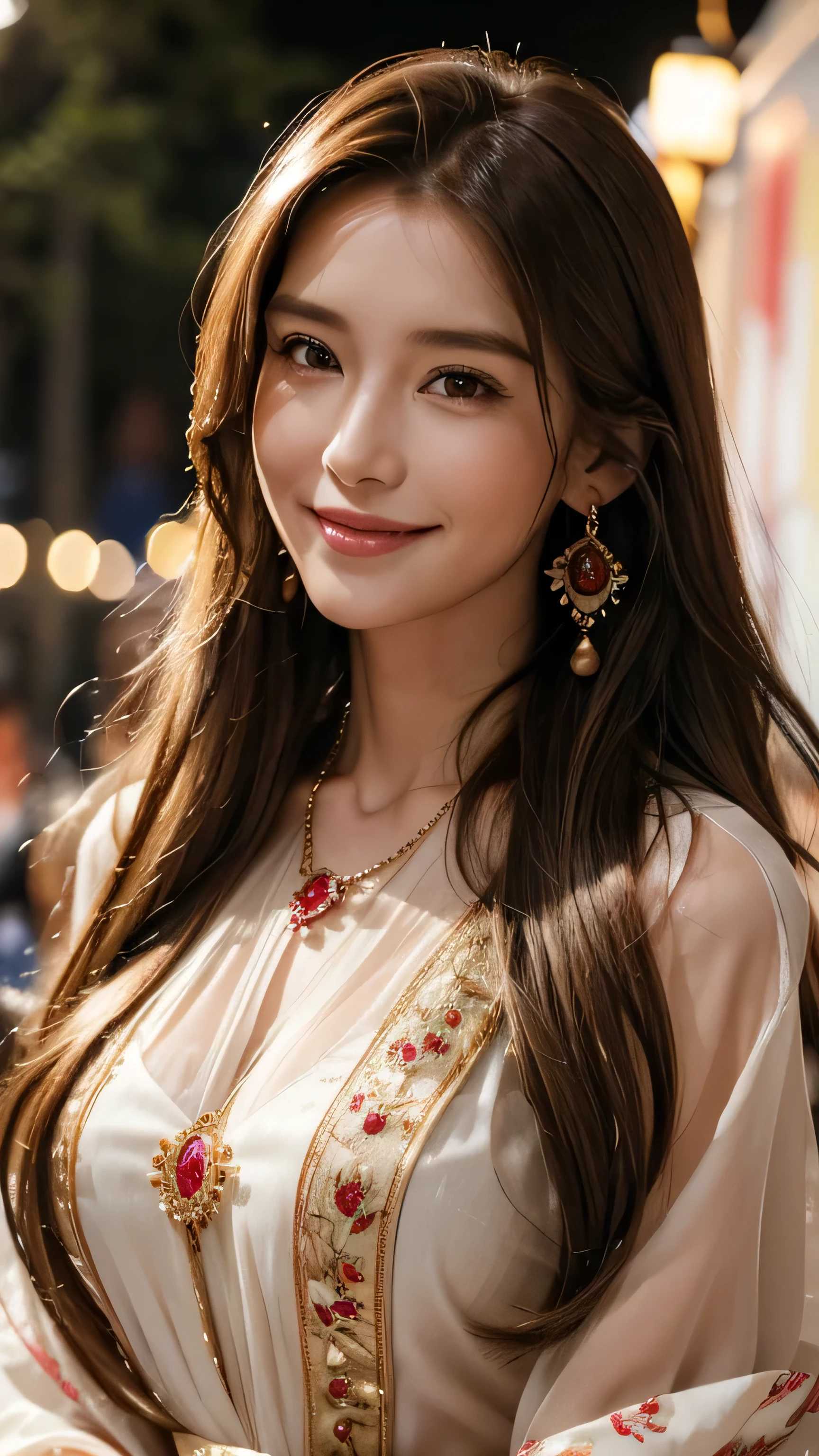 Blonde long-haired woman, Iris, Red Jewelry, Red earrings, moon, Noble, Lady, high quality, Very detailed, Detailed face, masterpiece, city, garden, Flowers, Light,(((Upper body portrait))),Super long brown hair,Hair with loose waves inside,Long hair_Hair reaching down to the waist、gold necklace_Large earrings、((A shy smile:1.3)),wearing Floral blouse with ribbon tie_long see-through sleeves、standing gracefully、full figure supermodel standing, entire body in frame、A dynamic scene of a female model walking confidently down a runway, surrounded by a large audience under bright lights:1.4))