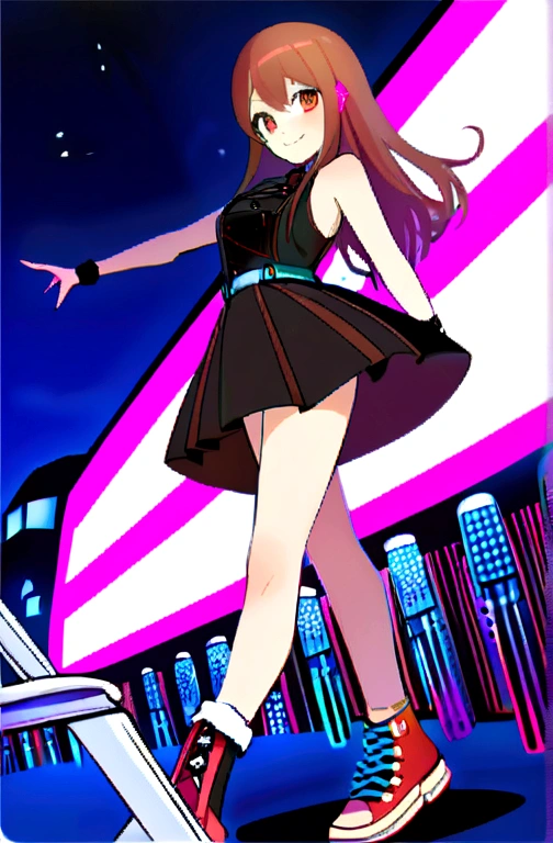1woman, idol, long hair, brown hair, night view, street、20th Generation、Sleeveless dress、sneakers、Short skirt、smile