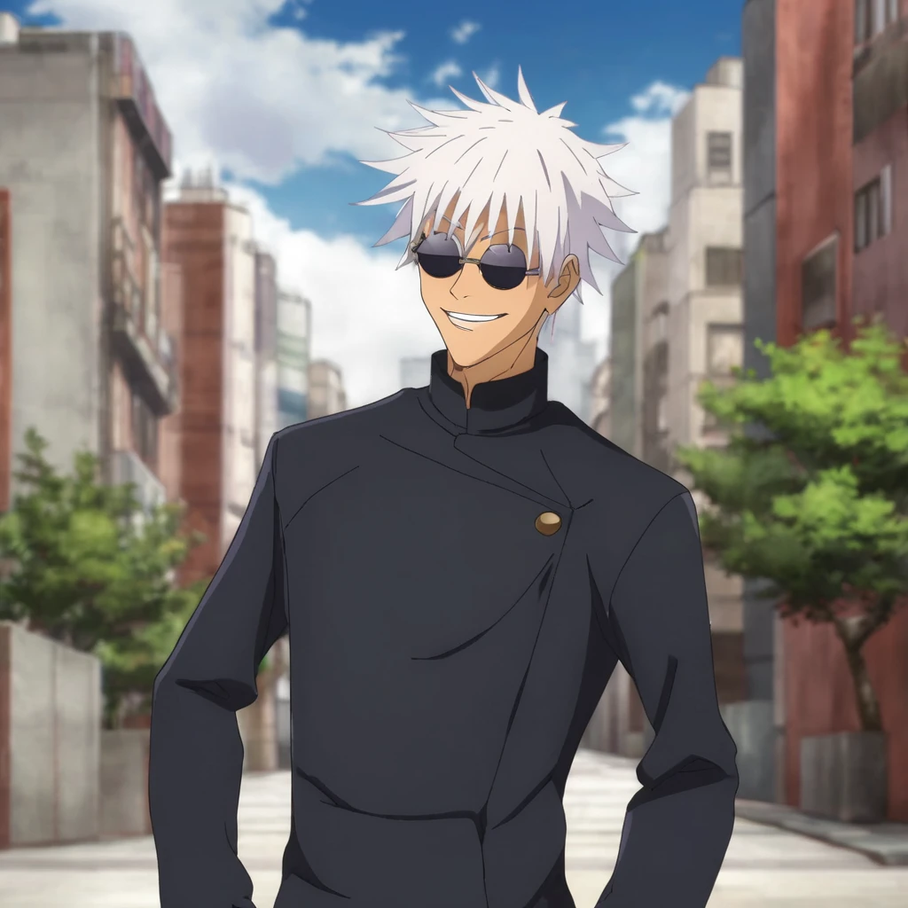 gojou satora, One boy, nice,manly,In the city , Jacket, Upper Body, Male Focus, black Jacket, sunglasses, High collar, Round Glasses, gakuran, smile