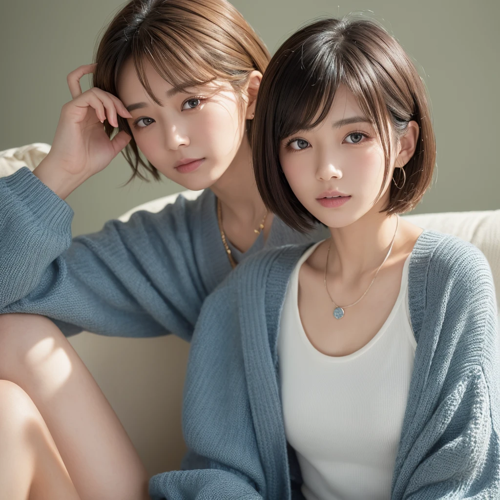 ((Highest quality, 8K, masterpiece :1.3)), 1 Girl,  (Medium Short Hair :1.2), cardigan :1.1, super Detailed face, Beautiful Eyes,(Highly realistic photos, High resolution, Detailed face, Beautiful Eyes), Photographed in front of a white wall、Japanese women, Age 35, A variety of expressions, alone:1, Slim figure, Various Hair Styles, Casual clothing, 写真にaloneいる、Long sleeve dress、Photographed in natural light、Simple Necklace、Spring Clothes、Don&#39;t look at the camera、profile、Dark brown hair color