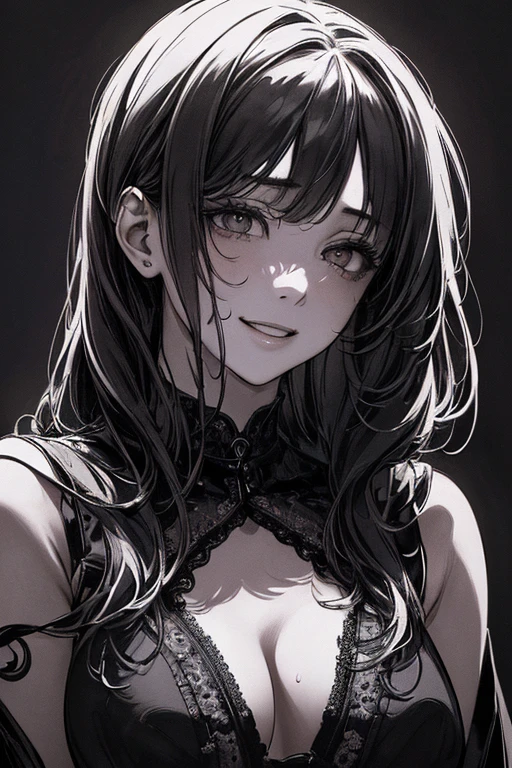 masterpiece、８K、Highest quality, (Background details), High Contrast, Very beautiful girl, 10th Generation、Detailed original illustration、Detailed shading、functional、Delicate face、Charm、Villainess、sexy、Real breasts、Crazy Smile, Crazy Eyes,、Head close-up, Black background, (Black background: 1.5), Beautiful line art、Monochrome