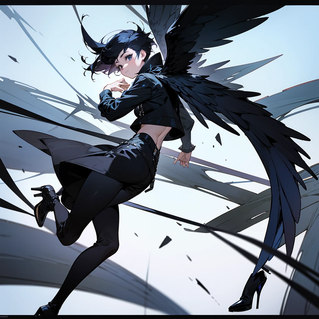 A black short spiky haired girl with black eyes she has a strong blue wings she fly's around the sky she was wearing black scared and a gray long jacket longer to the feet wearing a soft pans and boots high heels on