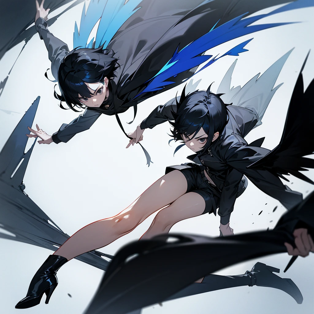 A black short spiky haired girl with black eyes she has a strong blue wings she fly's around the sky she was wearing black scared and a gray long jacket longer to the feet wearing a soft pans and boots high heels on