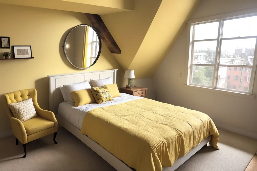 there is a bed with a yellow comforter and a chair in a room, round mirror on the wall, bedroom interior, natural light in room, interior of room, picture of a loft in morning, warm interior, stylish decor, inside of a bedroom, bright daylight indoor photo, an interior of room, brightly lit room, bedroom background, personal room background