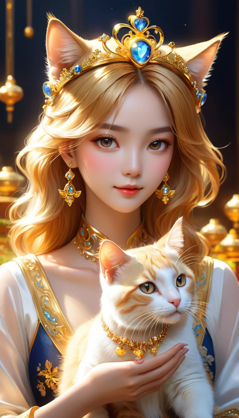 ((Highest quality)), ((masterpiece)),((Realistic)),(Highly detailed CG illustrations), ((Very delicate and beautiful))、1Woman and cat with golden mane、Financial luck improves、Economic fortune、A woman is holding a cat and looking at the camera、The woman is wearing a golden tiara、The cat is surrounded by a golden aura、Fantasy、Improve the fortunes of those who see it