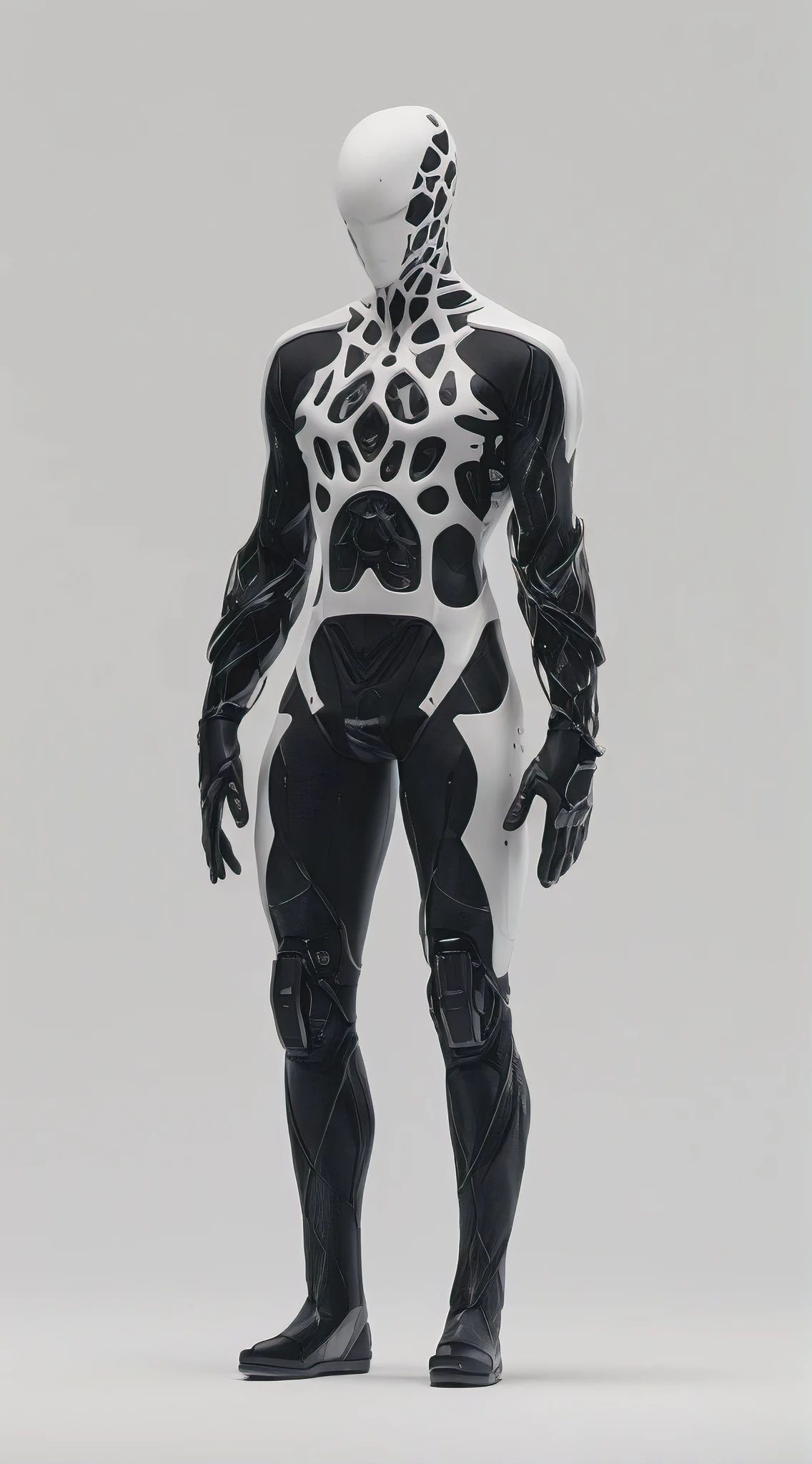 a product render of a male mannequin in black color wearing a bionic white bodysuit made from 3d printed carbon fiber and composites, Designed specifically to provide upright support while standing, gradation of intensity from the Voronoi gyroid lattice patterns, increasing density of structure near the body's joints, hips, knees and heels to augment natural movement, sleek and modern design like Zaha Hadid dynamic architecture, full body shot, front view