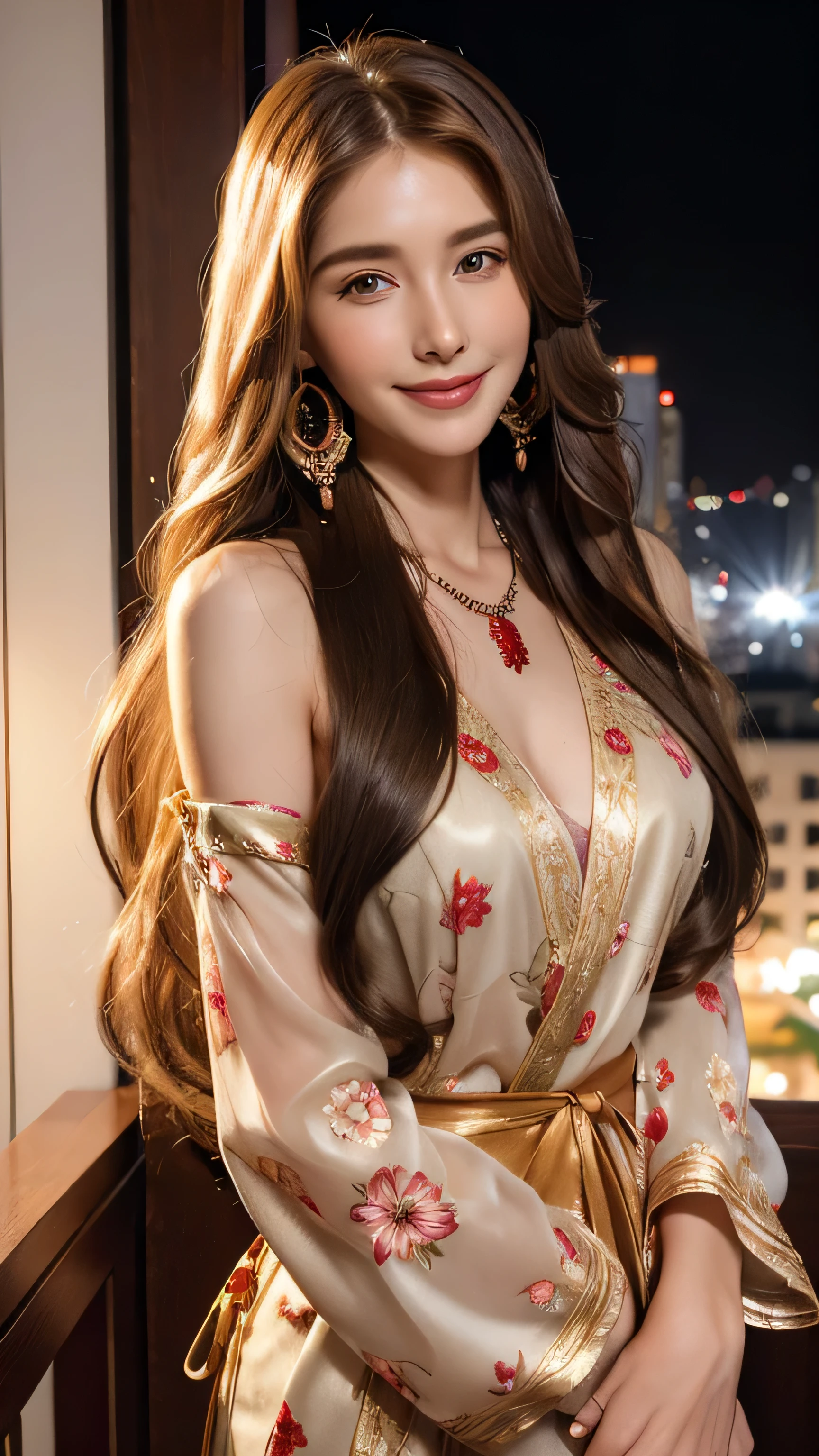 Blonde long-haired woman, Iris, Red Jewelry, Red earrings, moon, Noble, Lady, high quality, Very detailed, Detailed face, masterpiece, city, garden, Flowers, Light,(((Upper body portrait))),Super long brown hair,Hair with loose waves inside,Long hair_Hair reaching down to the waist、gold necklace_Large earrings、((A shy smile:1.3)),wearing Floral blouse with ribbon tie_long see-through sleeves、standing gracefully、full figure supermodel standing, entire body in frame、Late at night, Standing on a hotel balcony with a beautiful night view