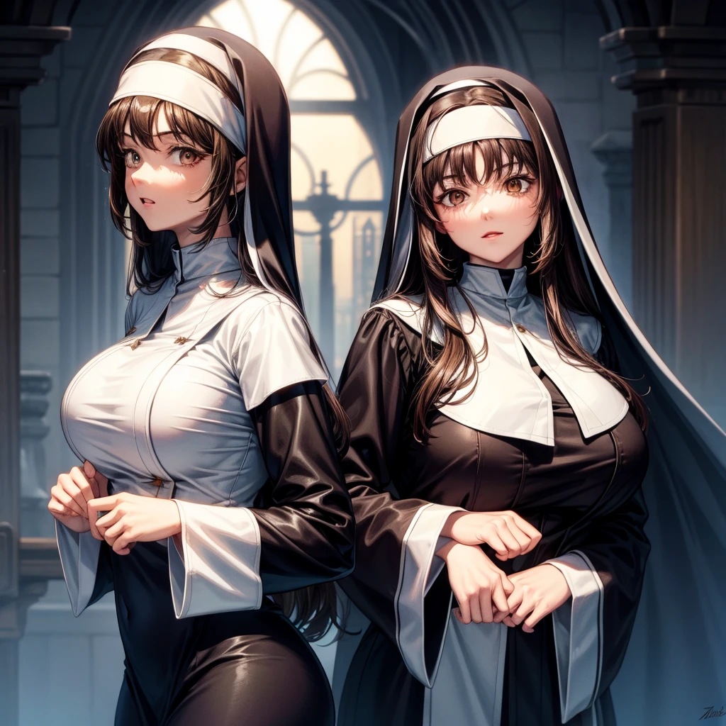 long dark hair / big tits / brown eye / nun outfit