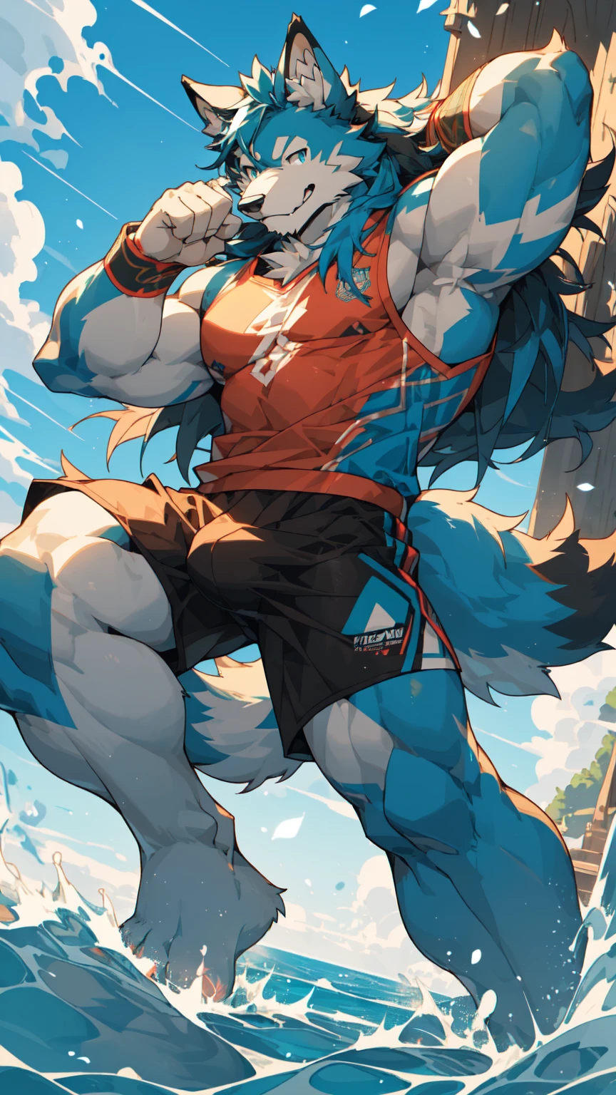 Sunlight,high resolution,4K,love,(((whole body))),masterpiece,high quality,Brave and bold,((Wolf)),male,((Strike a pose:1.5)),WolfFurry,(Middle-aged uncle),hairy,((charming,Smiling Face,Long hair)),((peaceful,Ease)),((strong,tall and big:1.3,thin long ears:1.2,Well-proportioned limbs:1.3,Wolf尾巴:1.3,Bigfoot:1.2,Meat pad:1.2,Crotch bulge)),(((Red and black sports shorts))),(((Green ears,Dark blue head,dark blue back,Dark blue limbs,White breast,White belly,Blue pupils))),charming脸庞,AttentiontoDetail,Detailed body,Detailed hands