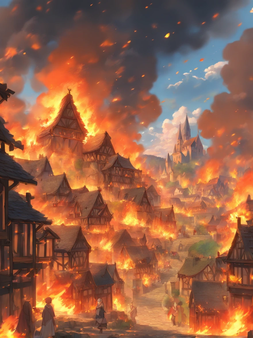 view of a medieval village in flames