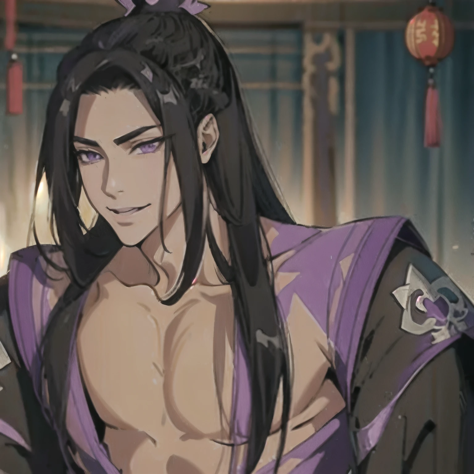 (masterpiece, best quality:1.2), 1male, solo, jiang cheng, mo dao zu shi, mdzs, purple and black clothes, purple eyes, long black hair, perfect anatomy, smile, sitting chinese room
