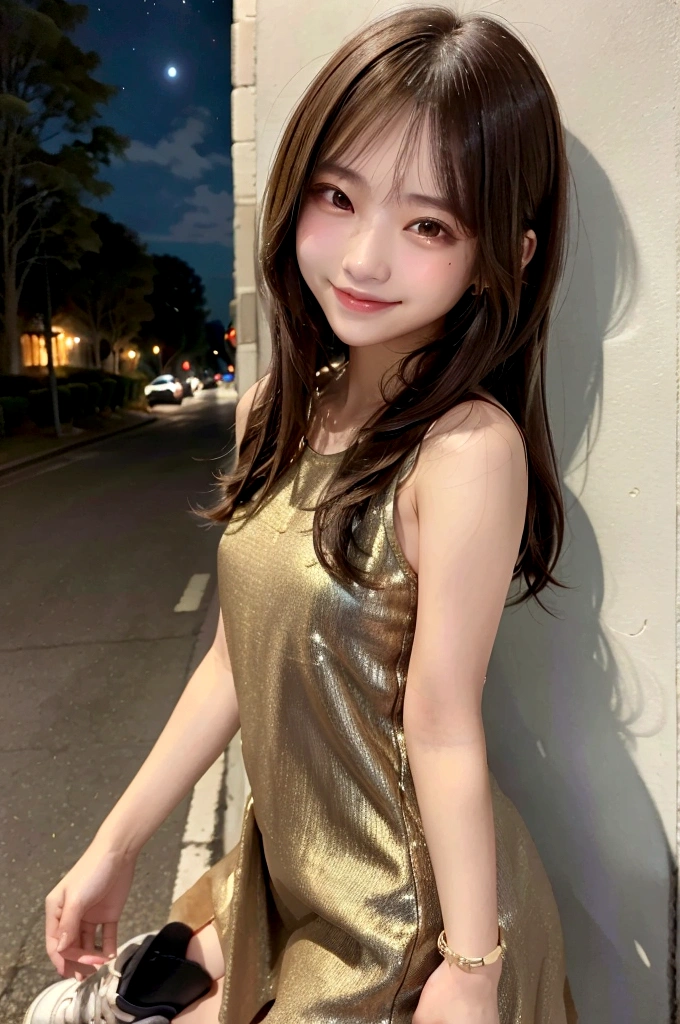 1woman, idol, long hair, brown hair, night view, street、20th Generation、Sleeveless dress、sneakers、Short skirt、smile