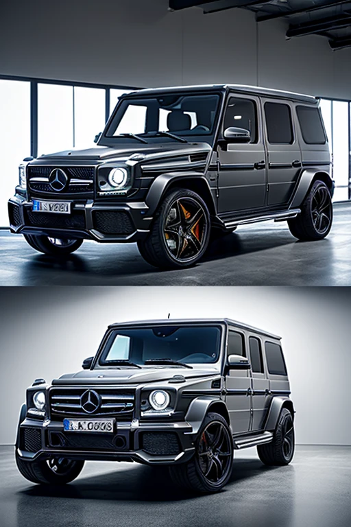 mercedes amg G63 all matte black in the spacious garage diagonally from the front and back