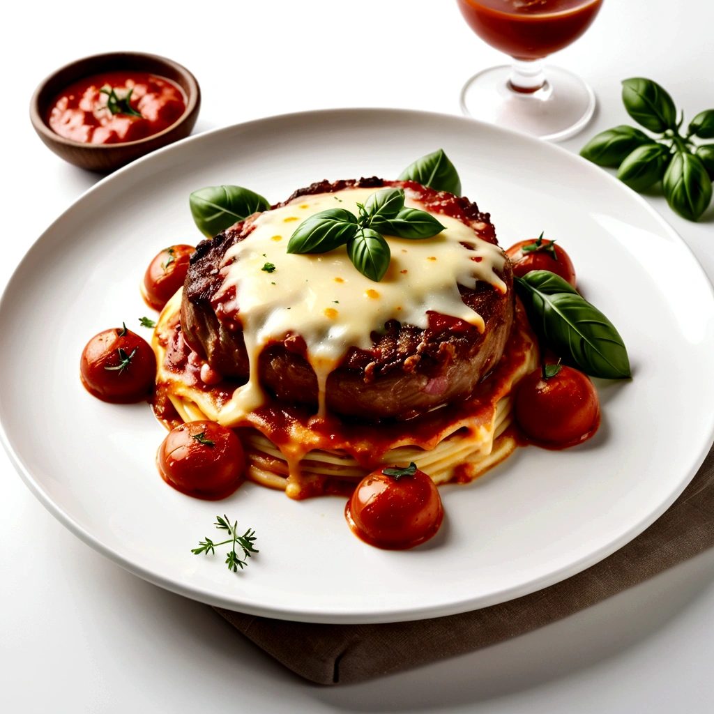 A 4K image of a steak parmigiana dish on a pure white background. The filet parmigiana is perfectly prepared, covered with a generous layer of melted cheese, slightly gratin, and a rich, vibrant tomato sauce. The plate is made of white ceramic, with elegant, clean edges. The image focuses on the details of the fillet, showing the crispy texture of the meat, the shine of melted cheese and the smoothness of tomato sauce. Light is soft and diffuse, highlighting the colors and textures of the dish without strong shadows, creating a crisp and appetizing appearance.