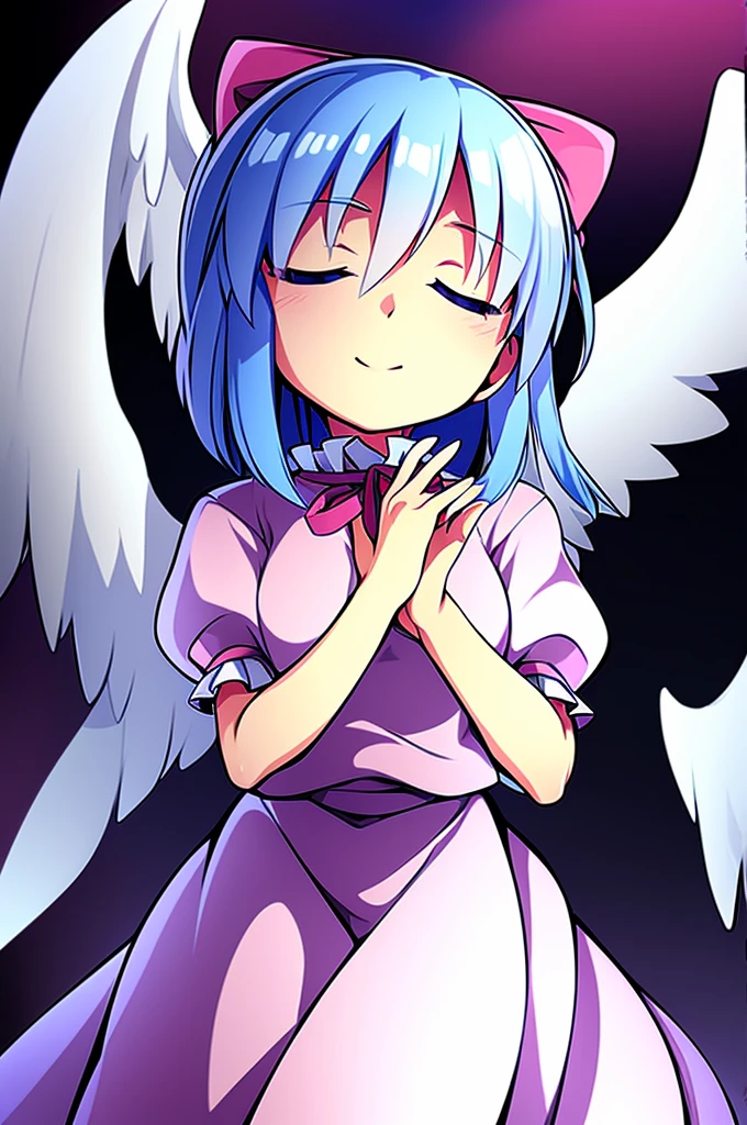masterpiece, best quality, 1girl, , , 10 years old, medium blue hair, hair flaps, pink ribbon on head, well-formed face, blue eyes, angel girl, white blouse, puffy short sleeves, red ribbon, angel wings, long white skirt, red shoes, frills, ribbon head, from behind, to lift up one’s skirt, cowboy shot, from front, standing , raise one leg, crossed arms, arms up behind, arms behind back, hand between legs, put hands hip, one hand on hip, forward hands, arms raised in the air, punch hands, peace sign, waving, put up index finger, sit, lie down, closed eyes, lie face down, looking back, put one hand chest, leaning forward, cleavage, close up, horizontally outstretched arms, horizontally outstretched legs, front view, front face